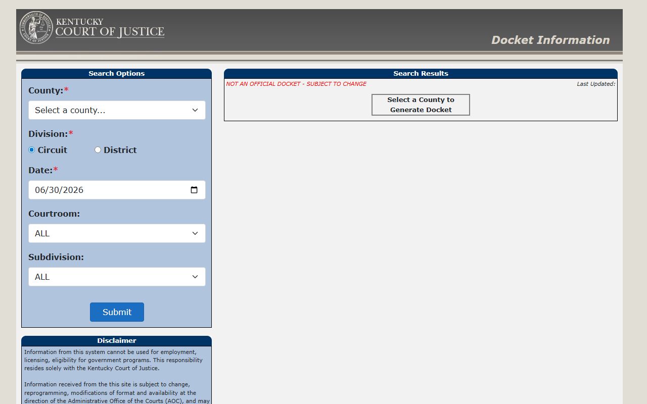 Johnson County Court docket portal search fields