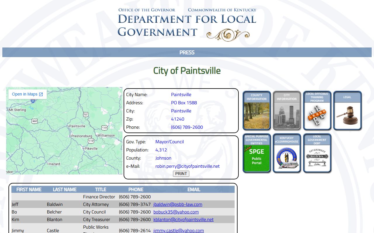 Johnson County traffic court records Paintsville city profile